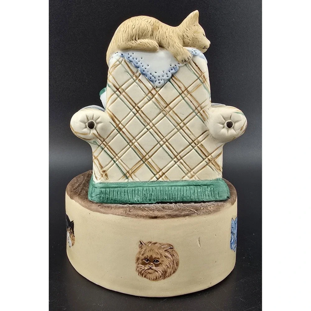 Vtg MSR Cats On Chair Ceramic Music Box Mouse Spins Plays Impossible Dream